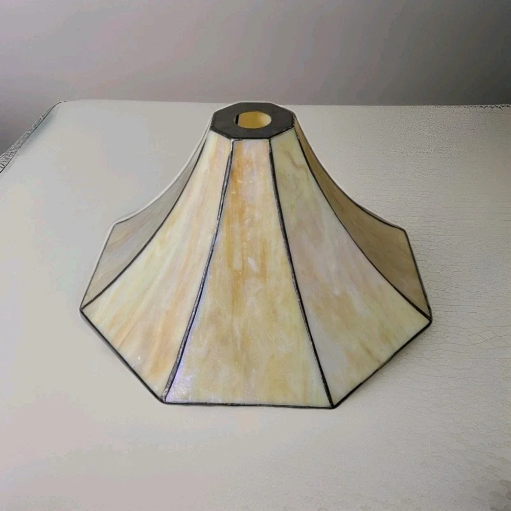 Vtg Tiffany Style Slag Cathedral Glass Lamp Shade Iridescent Bridge‎ Arm Cluster